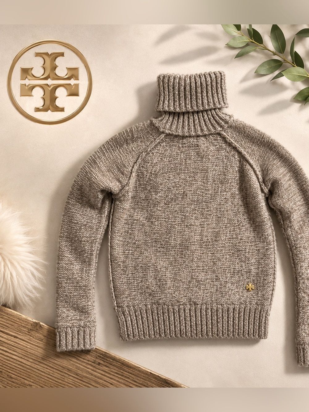 Tory Burch EUC 100% Wool Knit Turtleneck Sweater Size S Beige Brown Chunky